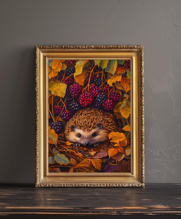 Hedgehog Beneath Blackberry Bush Print Cottagecore Wildlife Art Rustic Garden Decor Woodland Animal Illustration