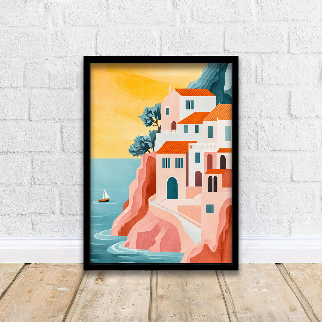 Amalfi Coast Minimalist Travel Poster Print Italy Wall Art Mediterranean Coastal Landscape Gift for Europe Lovers and Fans of Scenic Italian