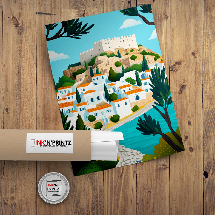 Lindos Rhodes Minimalist Travel Poster Print Greece Wall Art Coastal Village Landscape Gift for Europe Lovers and Fans of Scenic Greek