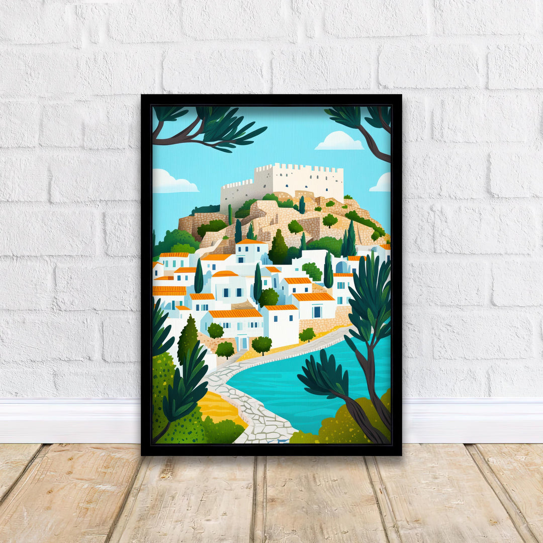 Lindos Rhodes Minimalist Travel Poster Print Greece Wall Art Coastal Village Landscape Gift for Europe Lovers and Fans of Scenic Greek