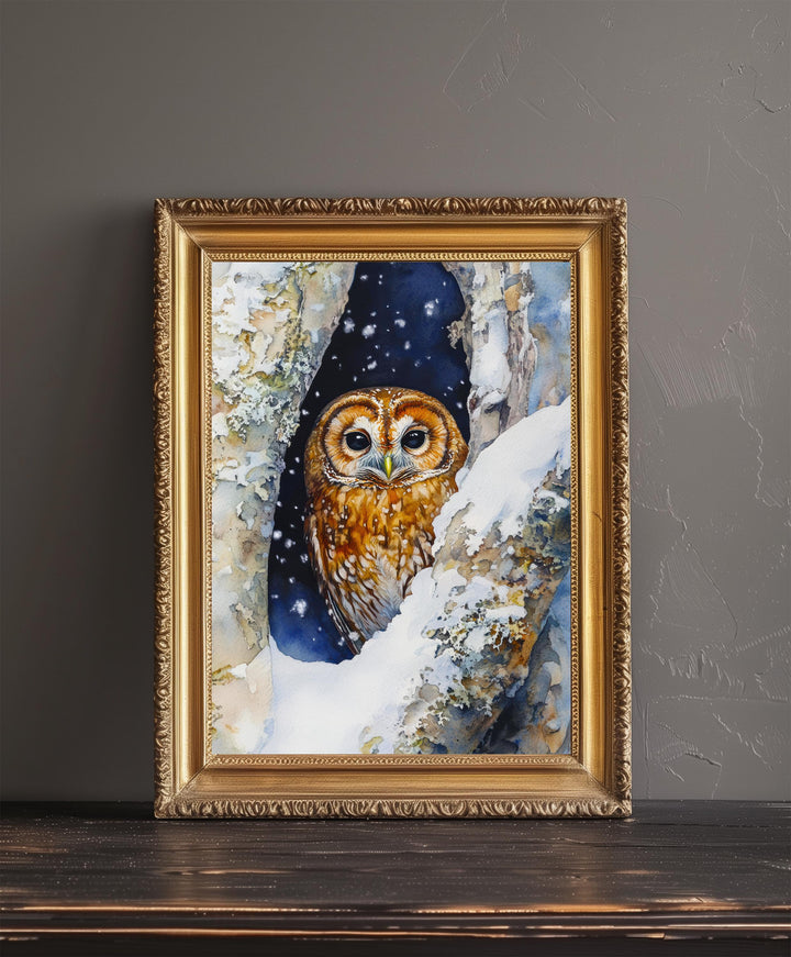 Snowy Owl in Tree Hollow Print Cozy Winter Wildlife Art Cottagecore Decor Watercolor Nature Painting
