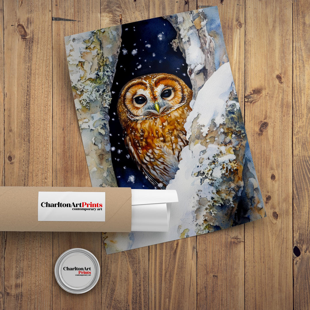 Snowy Owl in Tree Hollow Print Cozy Winter Wildlife Art Cottagecore Decor Watercolor Nature Painting