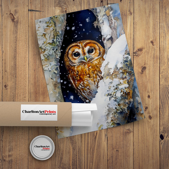 Snowy Owl in Tree Hollow Print Cozy Winter Wildlife Art Cottagecore Decor Watercolor Nature Painting