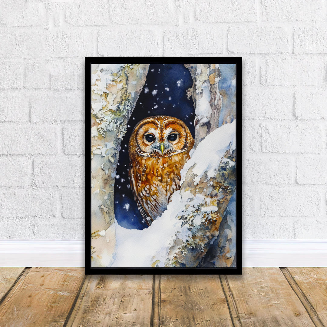 Snowy Owl in Tree Hollow Print Cozy Winter Wildlife Art Cottagecore Decor Watercolor Nature Painting
