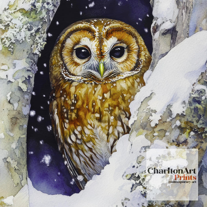 Snowy Owl in Tree Hollow Print Cozy Winter Wildlife Art Cottagecore Decor Watercolor Nature Painting