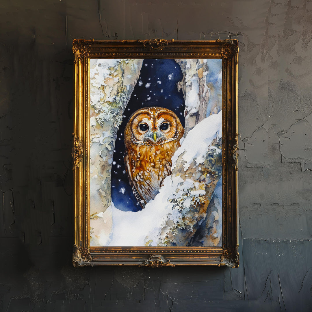 Snowy Owl in Tree Hollow Print Cozy Winter Wildlife Art Cottagecore Decor Watercolor Nature Painting