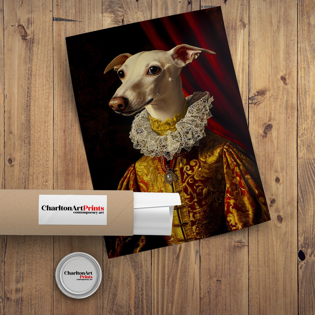 Renaissance Animal Whippet Portrait Victorian Art Dog in Suit Dark Academia Vintage Wall Art Rustic Decor Classical Painting Regal Pet Art