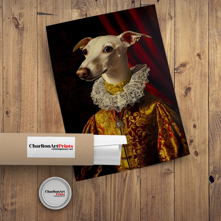 Renaissance Animal Whippet Portrait Victorian Art Dog in Suit Dark Academia Vintage Wall Art Rustic Decor Classical Painting Regal Pet Art