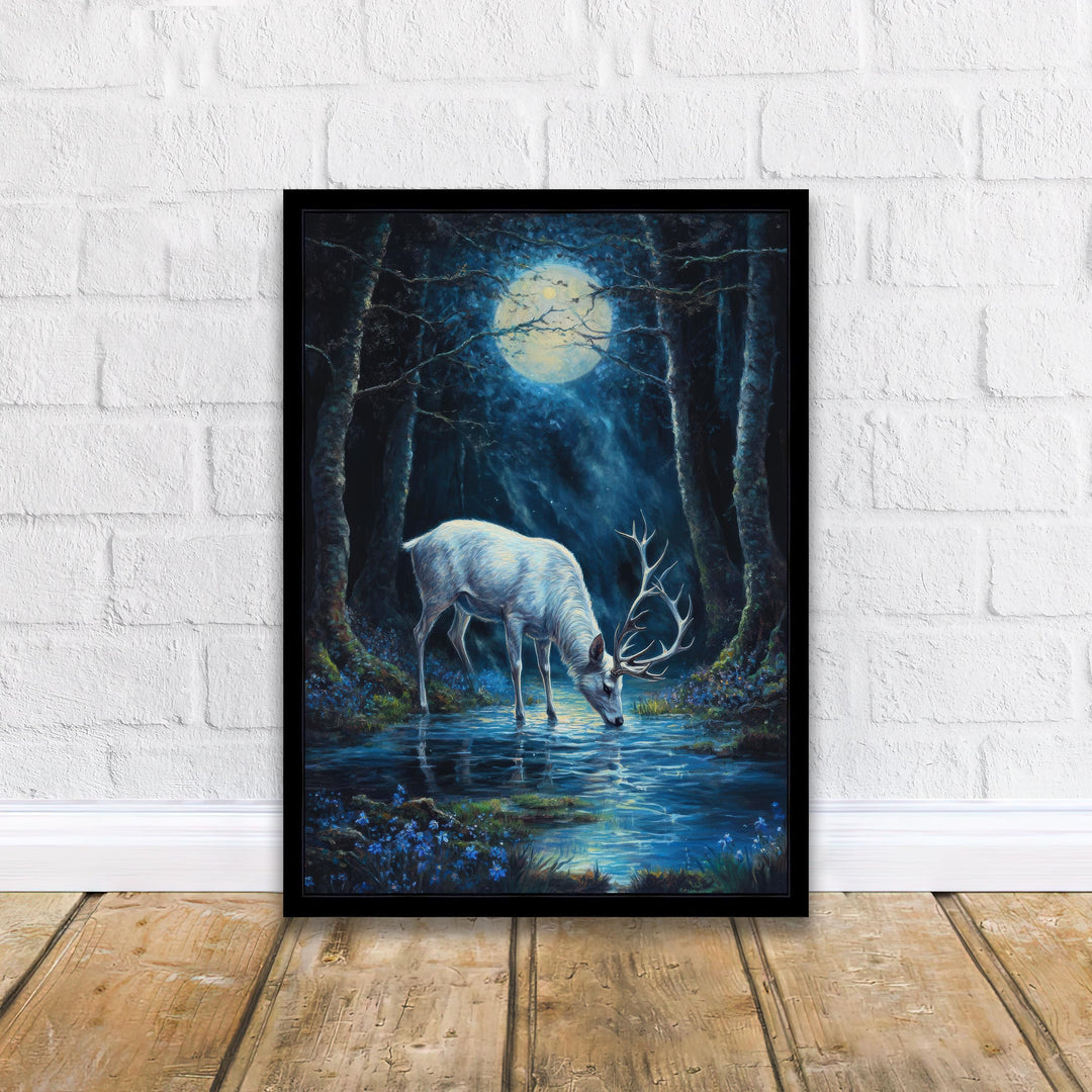 White Stag with Silver Antlers Poster Cottagecore Decor Dark Academia Art Enchanted Woodland Illustration Vintage Nature Wall Art