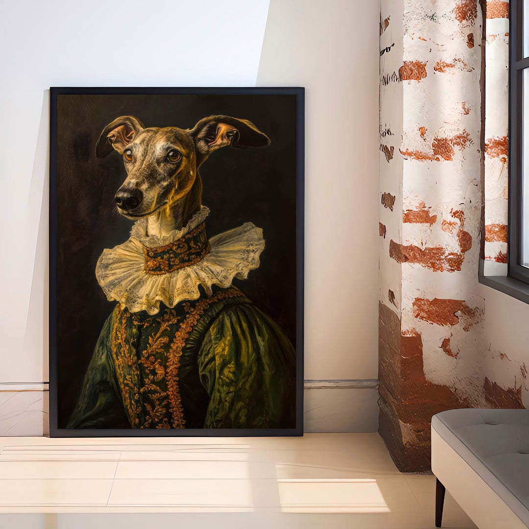 Renaissance Greyhound Portrait Victorian Art Dog in Suit Dark Academia Vintage Wall Art Rustic Decor Classical Painting Regal Pet Art