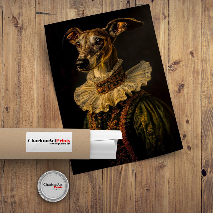 Renaissance Greyhound Portrait Victorian Art Dog in Suit Dark Academia Vintage Wall Art Rustic Decor Classical Painting Regal Pet Art