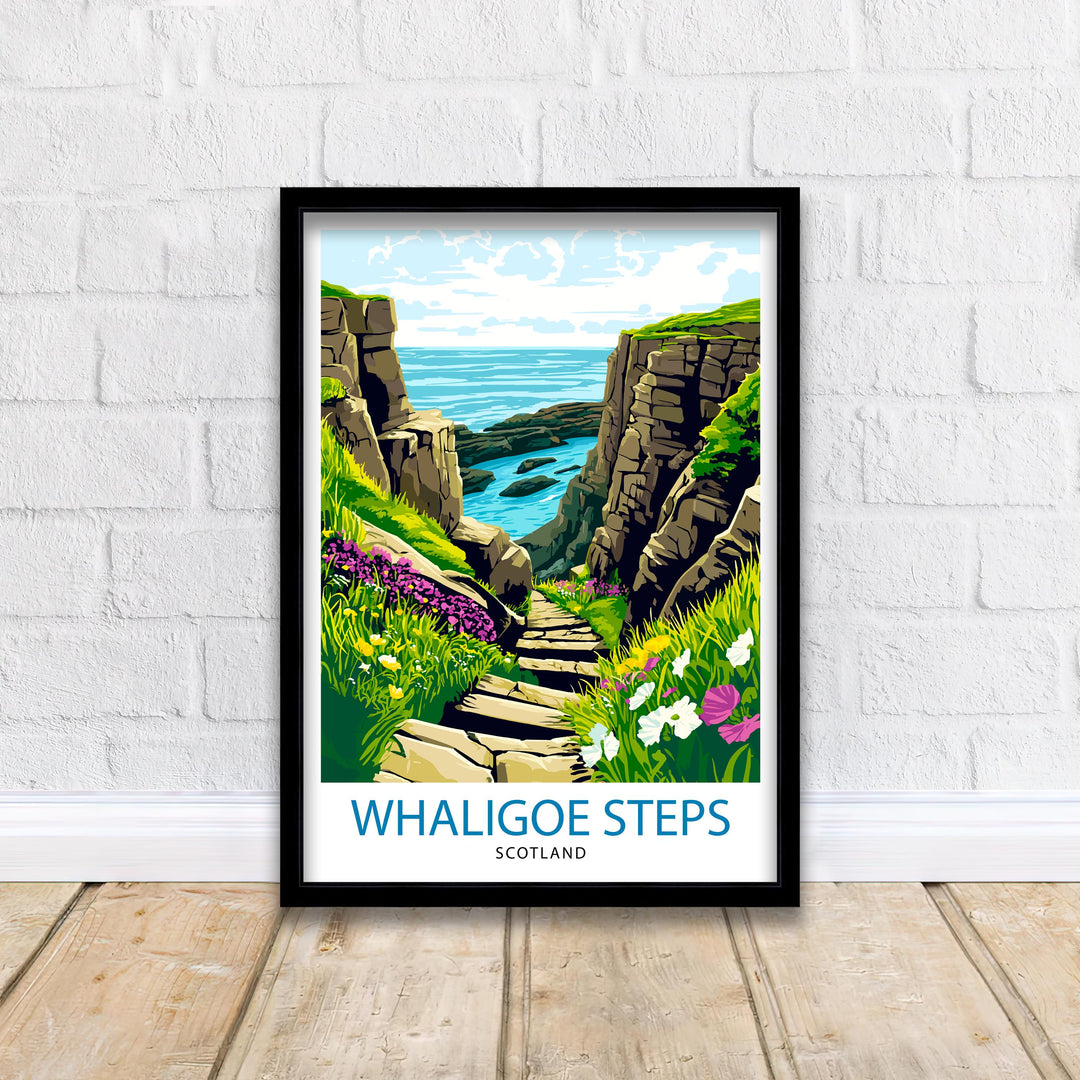 Whaligoe Steps Wick Scotland Travel Poster Print Coastal Wall Art Landscape Gift for UK Nature Lovers and Fans of Scenic Scottish