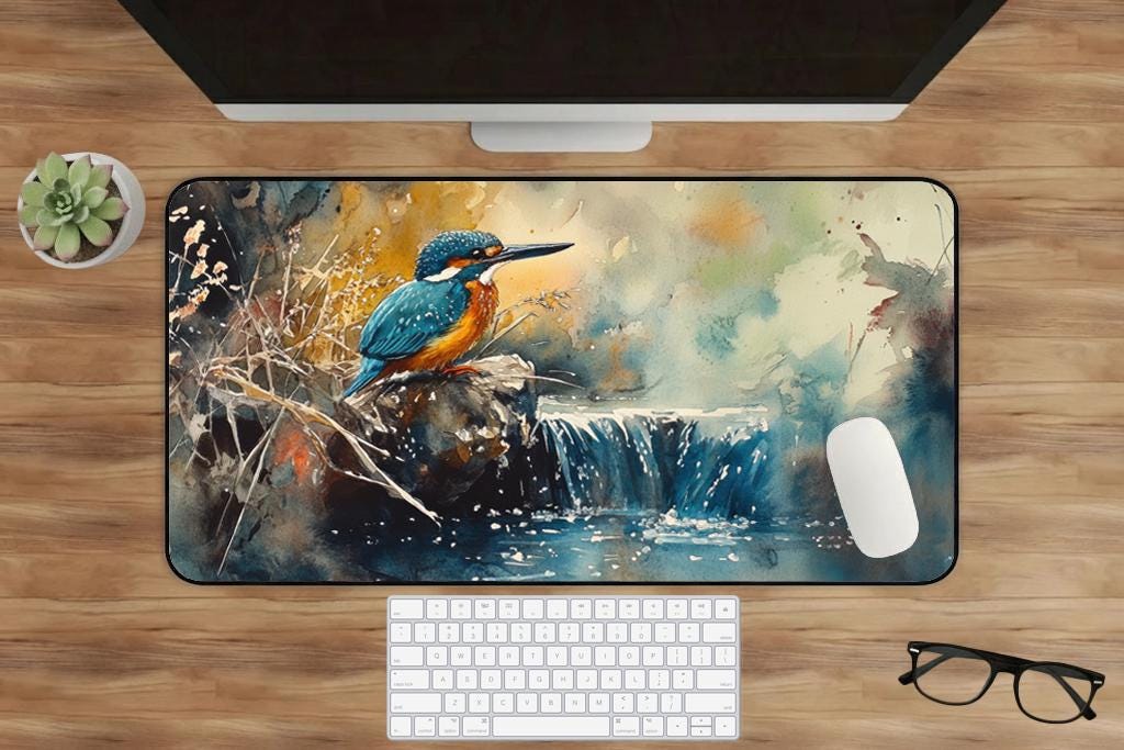 Cottagecore Kingfisher Desk Mat Extended Mouse Pad Non Slip Stitched Edges Nature Desk Setup Bird Lover Gift UK