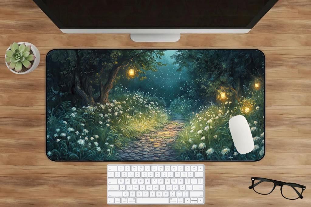 Cottagecore Lantern Path Through Wood Desk Mat Extended Mouse Pad Non Slip Stitched Edges Nature Desk Setup Gift