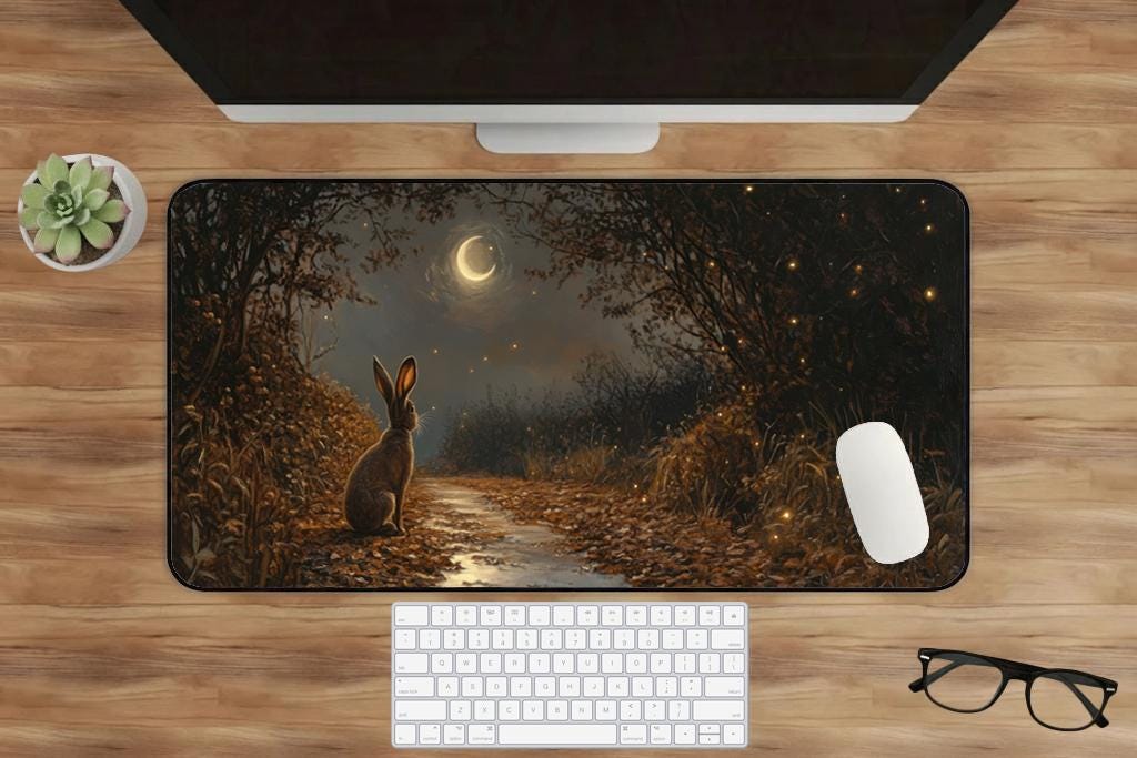 Cottagecore Brown Hare Sitting On Woodland Path Desk Mat Extended Mouse Pad Non Slip Stitched Edges Nature Desk Setup Gift