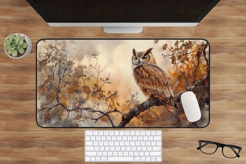 Cottagecore Tawny Owl Desk Mat Extended Mouse Pad Non Slip Stitched Edges Nature Desk Setup Gift