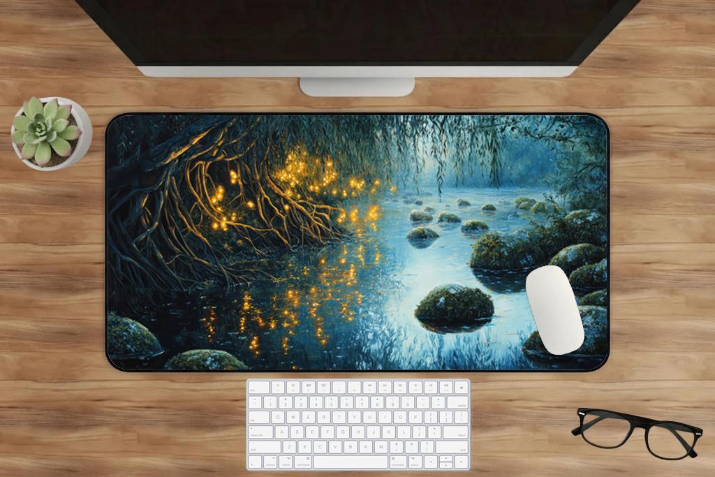 Cottagecore Slow Moving River Desk Mat Extended Mouse Pad Non Slip Stitched Edges Nature Desk Setup Aesthetic Gaming Office Comfort Gift Set