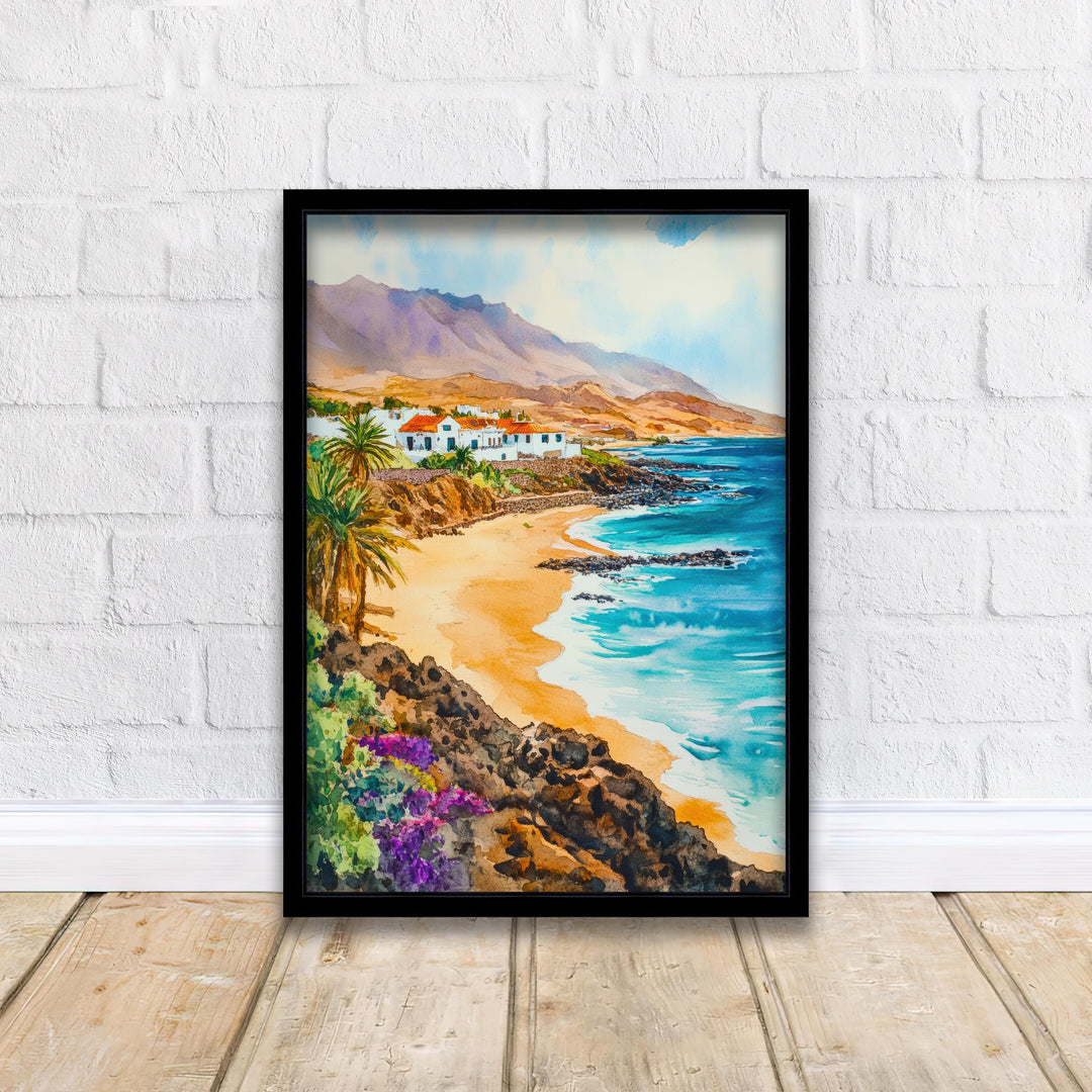 Fuerteventura Watercolour Painting Poster Canary Islands Spain Wall Art Coastal Landscape Print Gift for Europe Lovers and Fans of Scenic