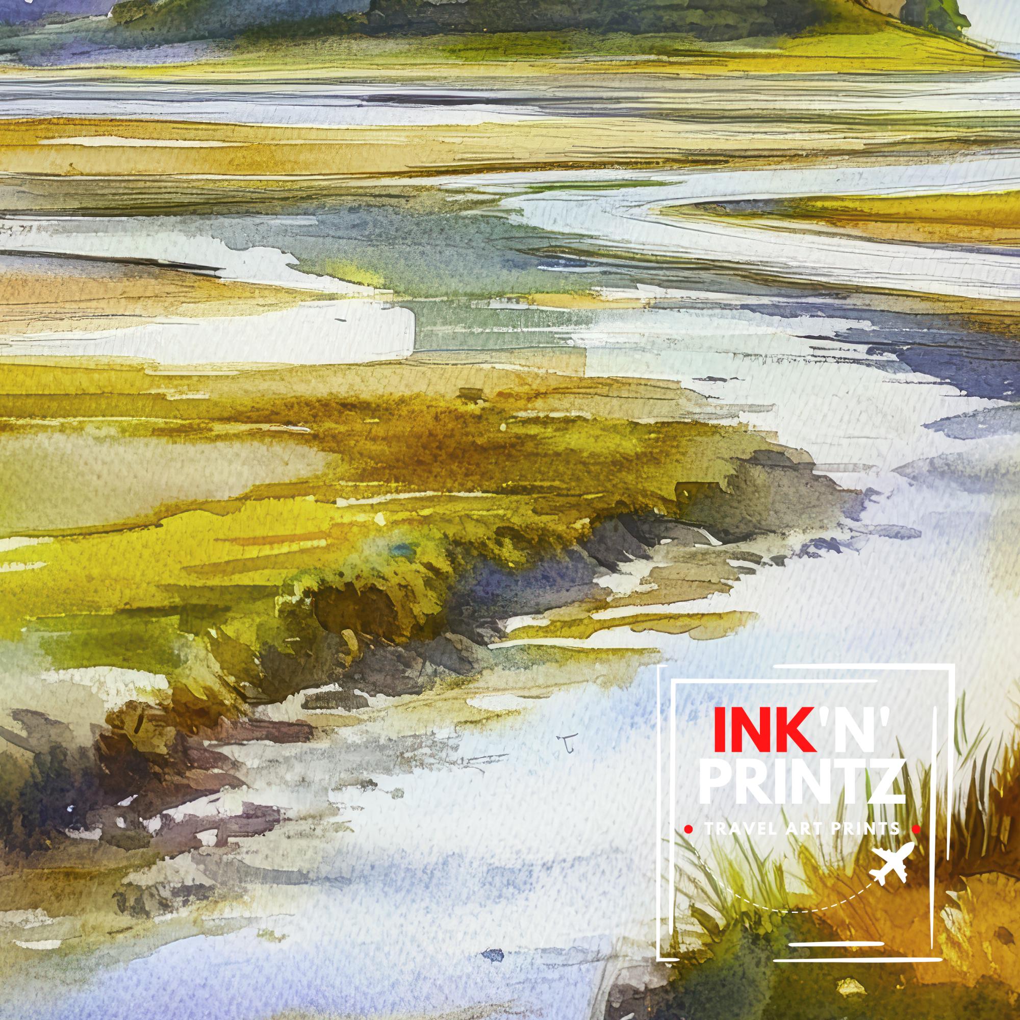 Holy Island Northumberland Watercolour Painting Poster England Wall Art Coastal Landscape Print Gift for UK Travel Lovers and Fans of Scenic