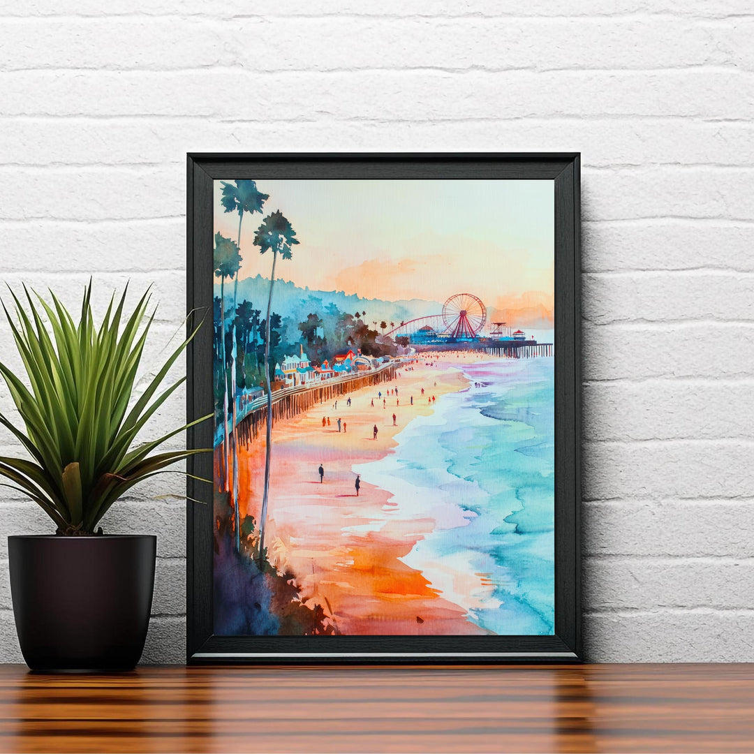 Santa Cruz California Watercolor Painting Poster USA Wall Art Coastal City Landscape Print Gift for American Travel Lovers and Fans