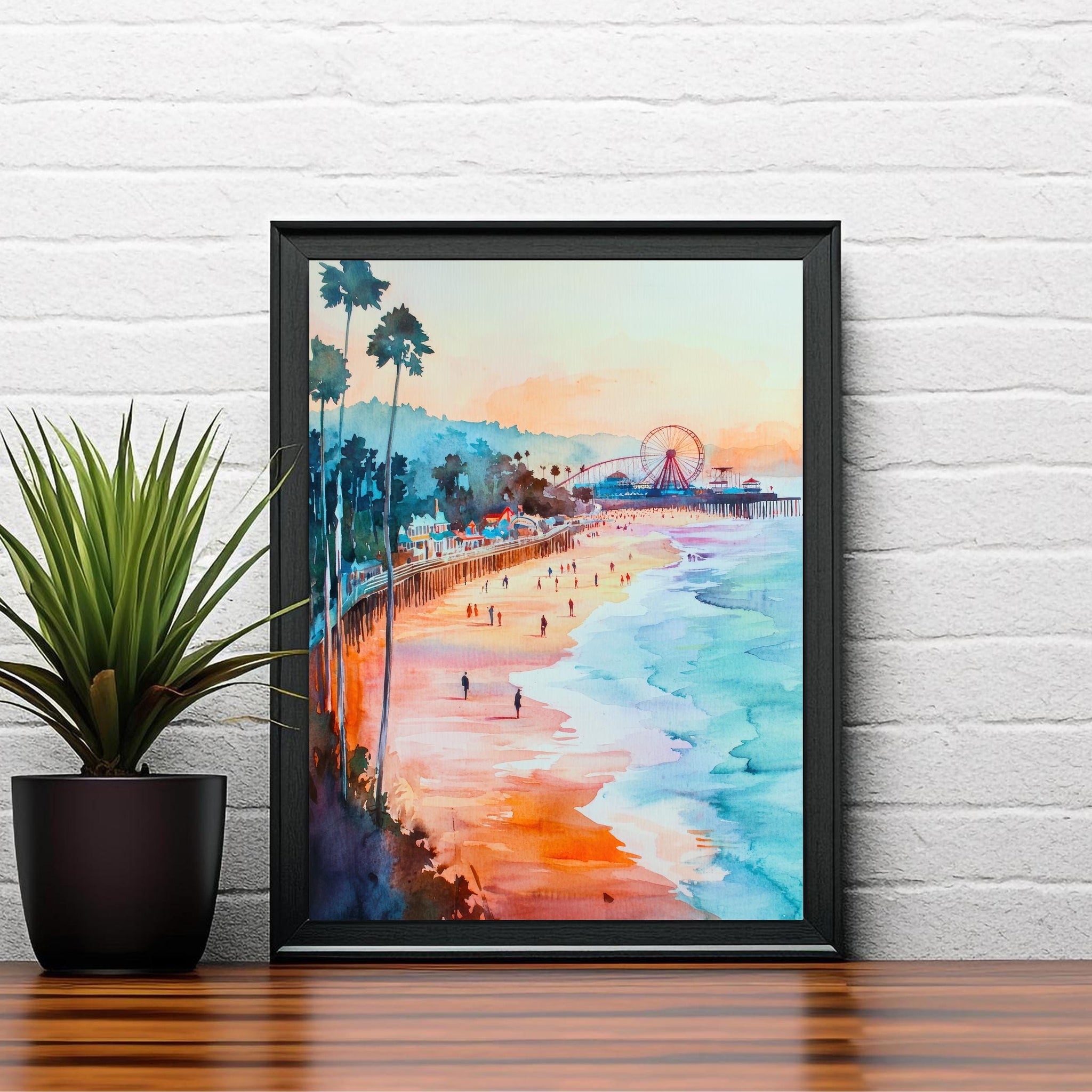 Santa Cruz California Watercolor Painting Poster USA Wall Art Coastal City Landscape Print Gift for American Travel Lovers and Fans