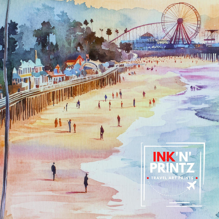 Santa Cruz California Watercolor Painting Poster USA Wall Art Coastal City Landscape Print Gift for American Travel Lovers and Fans