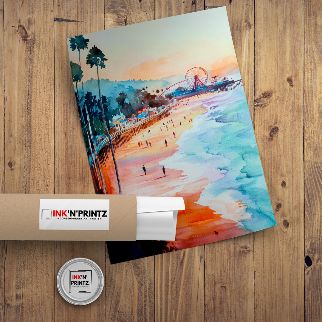 Santa Cruz California Watercolor Painting Poster USA Wall Art Coastal City Landscape Print Gift for American Travel Lovers and Fans