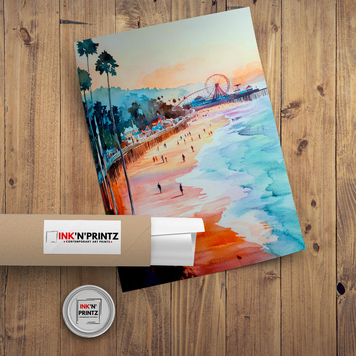 Santa Cruz California Watercolor Painting Poster USA Wall Art Coastal City Landscape Print Gift for American Travel Lovers and Fans