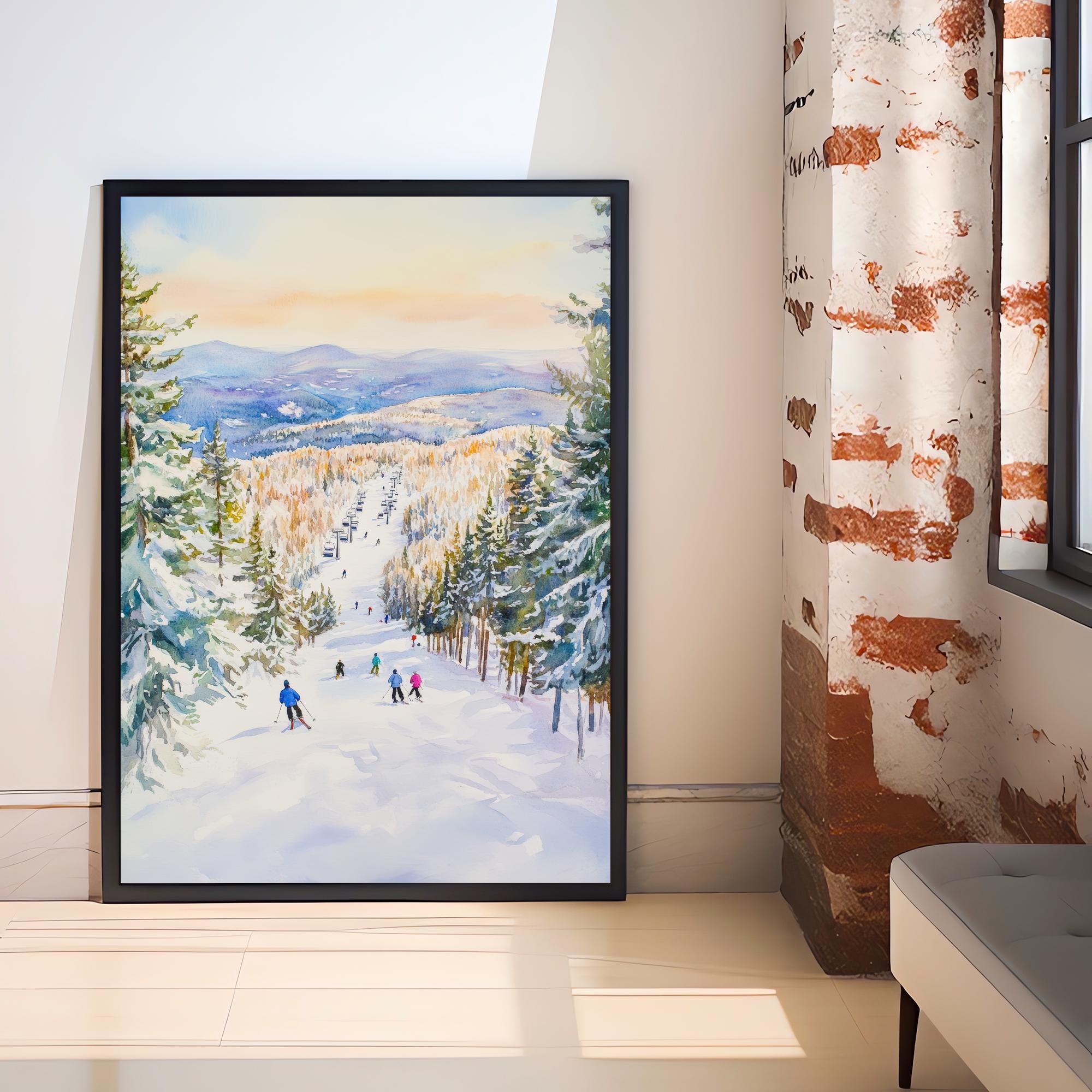 Sunday River Maine Watercolor Painting Poster USA Wall Art Mountain Landscape Print Gift for American Travel Lovers and Fans of Scenic