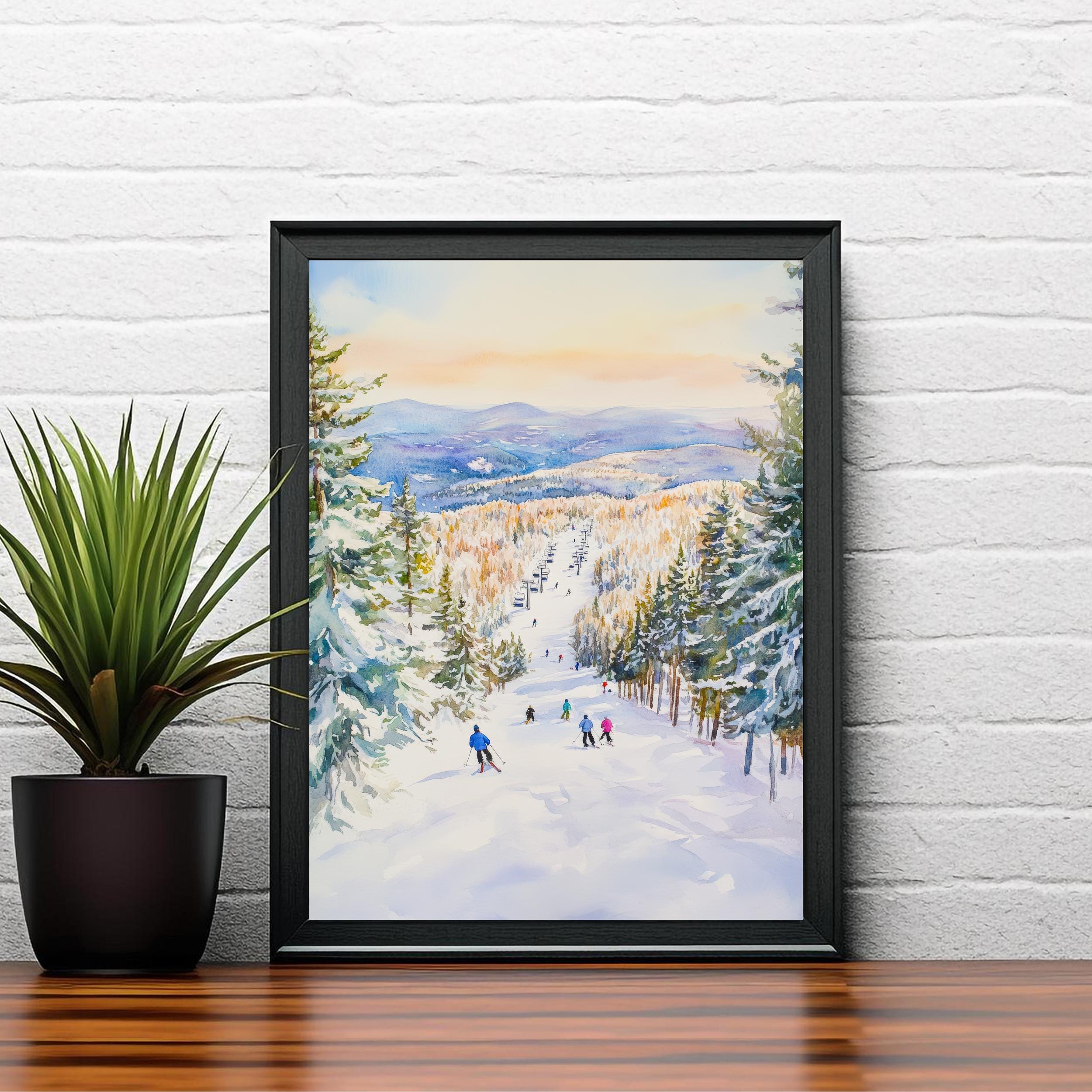 Sunday River Maine Watercolor Painting Poster USA Wall Art Mountain Landscape Print Gift for American Travel Lovers and Fans of Scenic