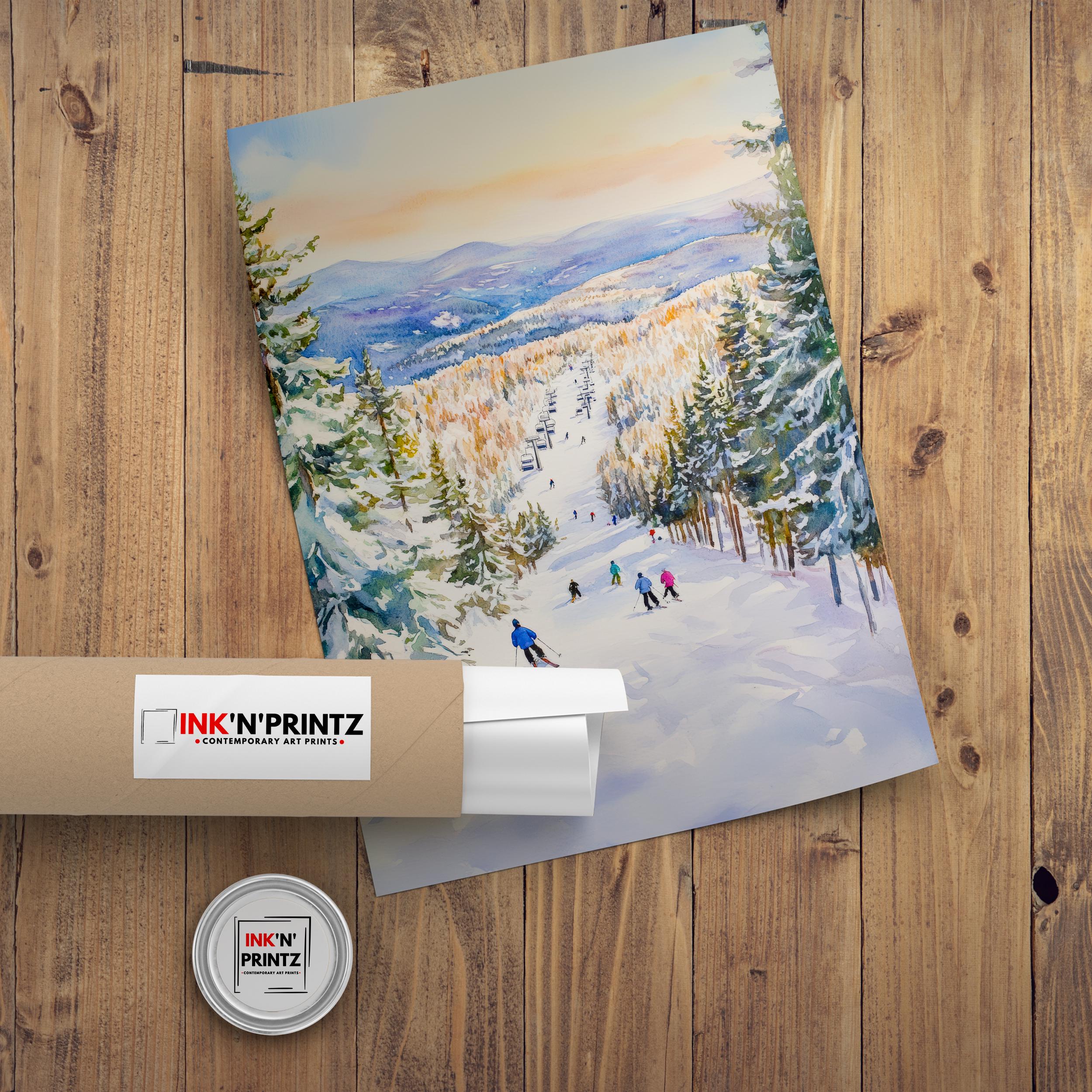 Sunday River Maine Watercolor Painting Poster USA Wall Art Mountain Landscape Print Gift for American Travel Lovers and Fans of Scenic