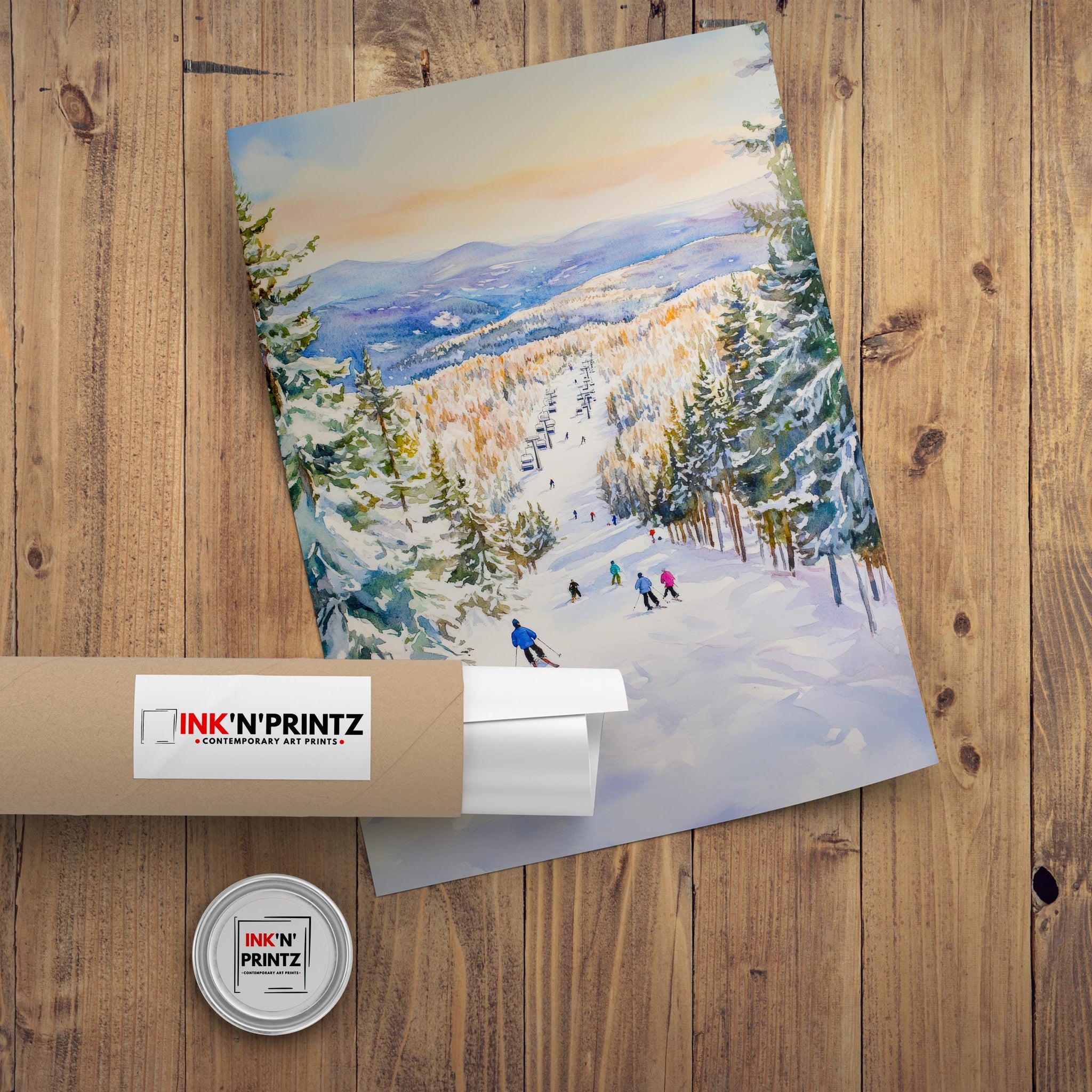 Sunday River Maine Watercolor Painting Poster USA Wall Art Mountain Landscape Print Gift for American Travel Lovers and Fans of Scenic