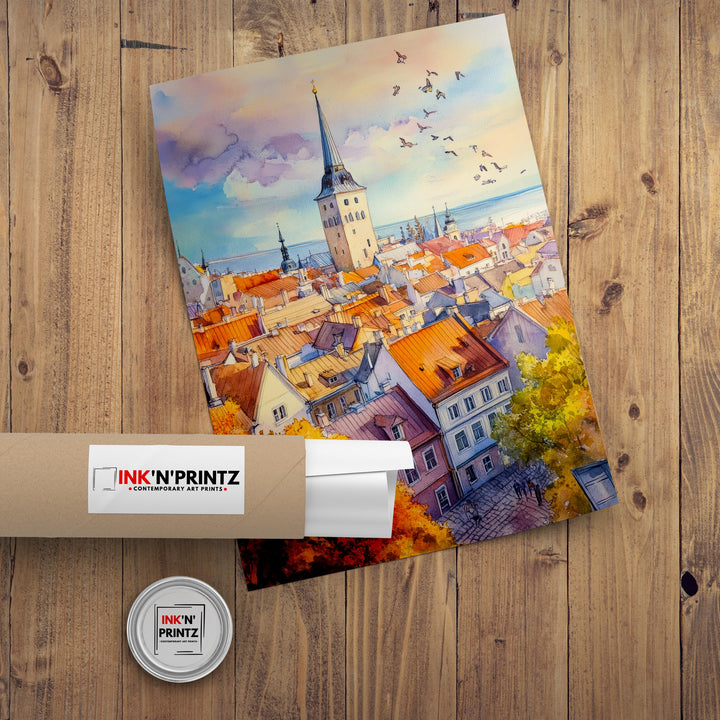 Tallinn Estonia Watercolor Painting Poster Wall Art Historic City Landscape Print Gift for Europe Travel Lovers and Fans of Scenic Baltic