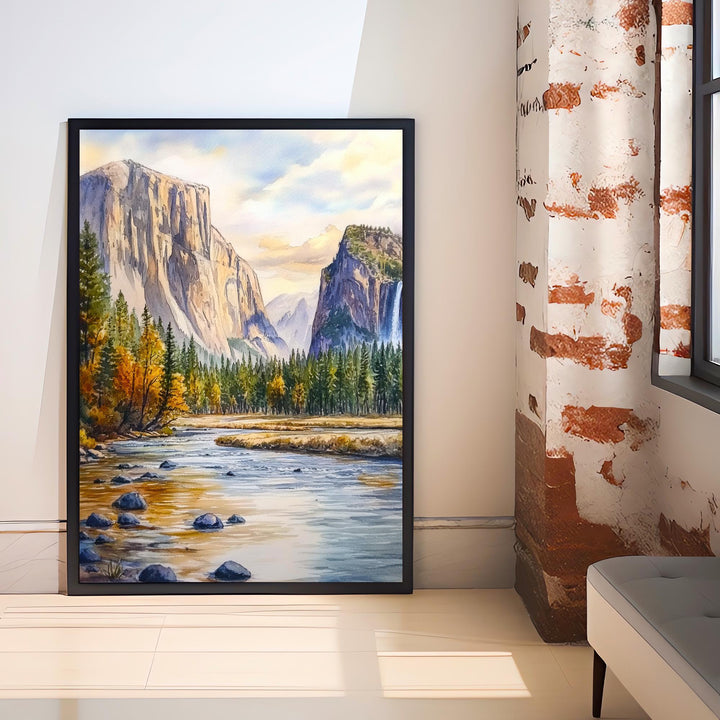Yosemite National Park Watercolor Painting Poster USA Wall Art Mountain Landscape Print Gift for American Travel Lovers