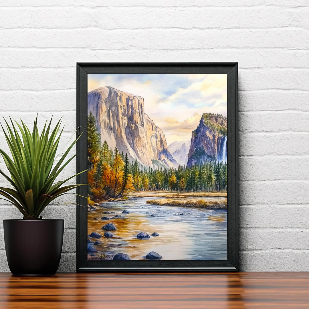 Yosemite National Park Watercolor Painting Poster USA Wall Art Mountain Landscape Print Gift for American Travel Lovers