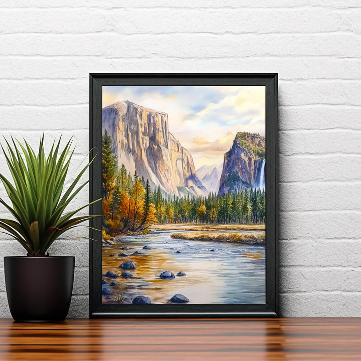 Yosemite National Park Watercolor Painting Poster USA Wall Art Mountain Landscape Print Gift for American Travel Lovers