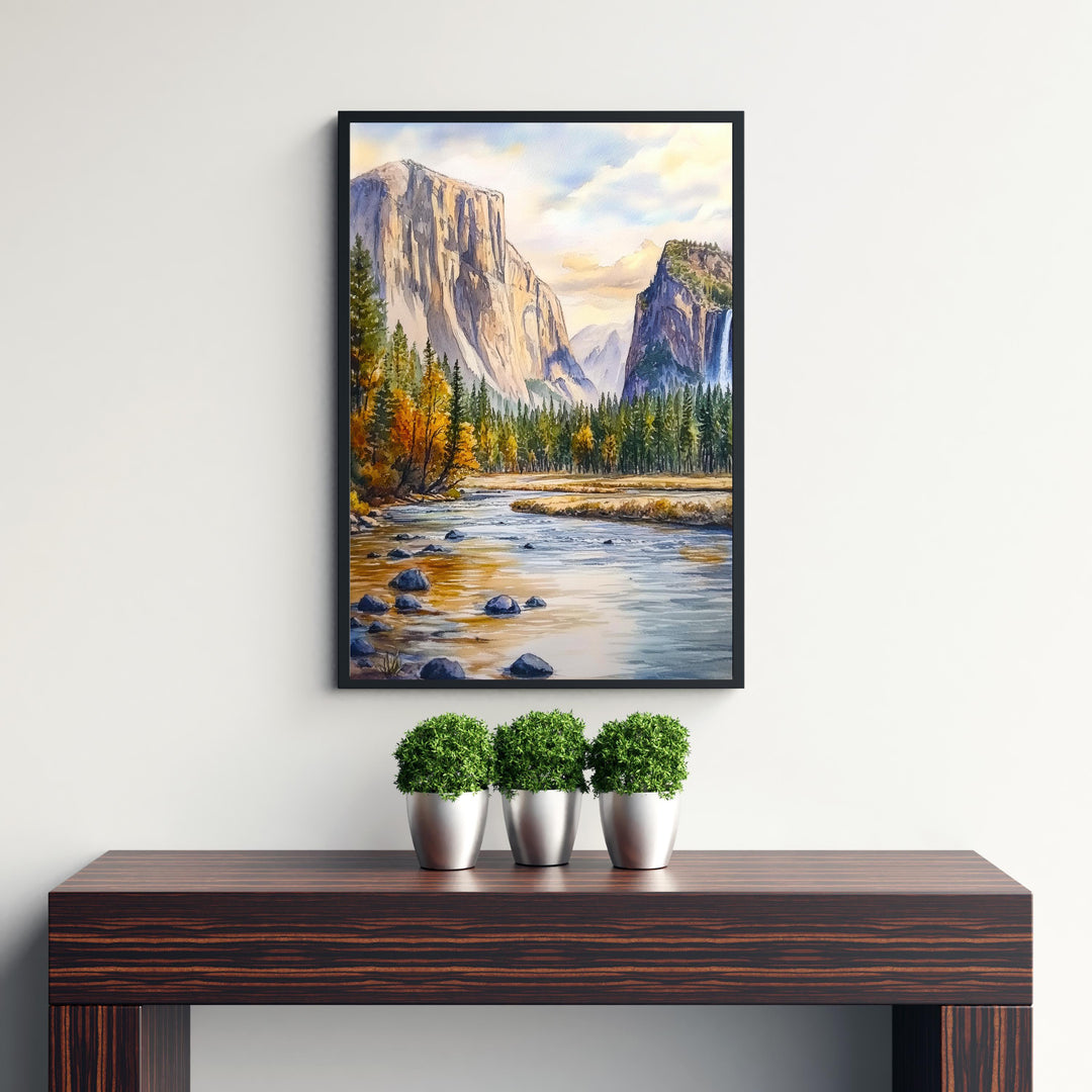 Yosemite National Park Watercolor Painting Poster USA Wall Art Mountain Landscape Print Gift for American Travel Lovers