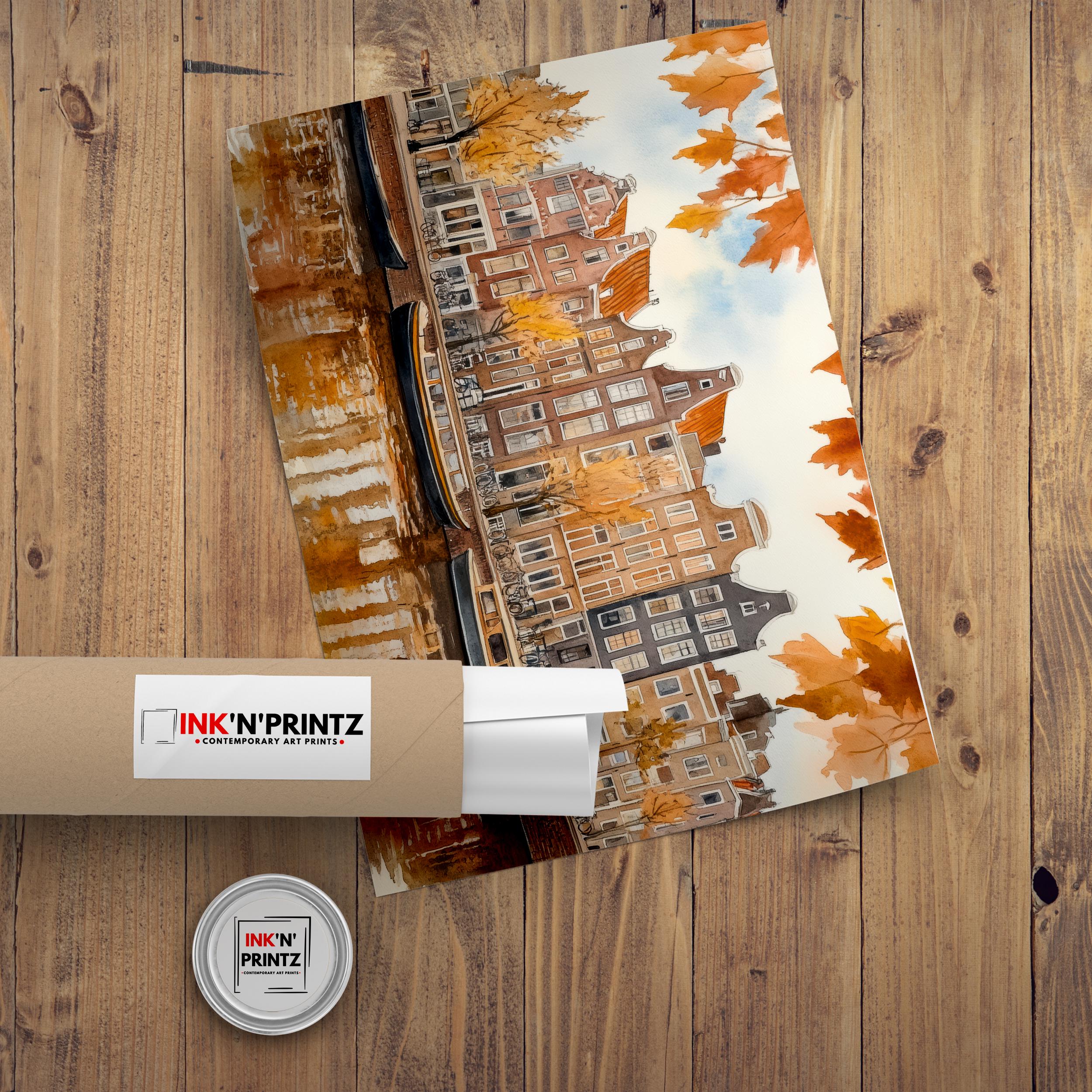 Amsterdam Watercolour Painting Poster Netherlands Wall Art City Canal Houses Landscape Print Gift for Europe Lovers and Fans of Scenic Dutch