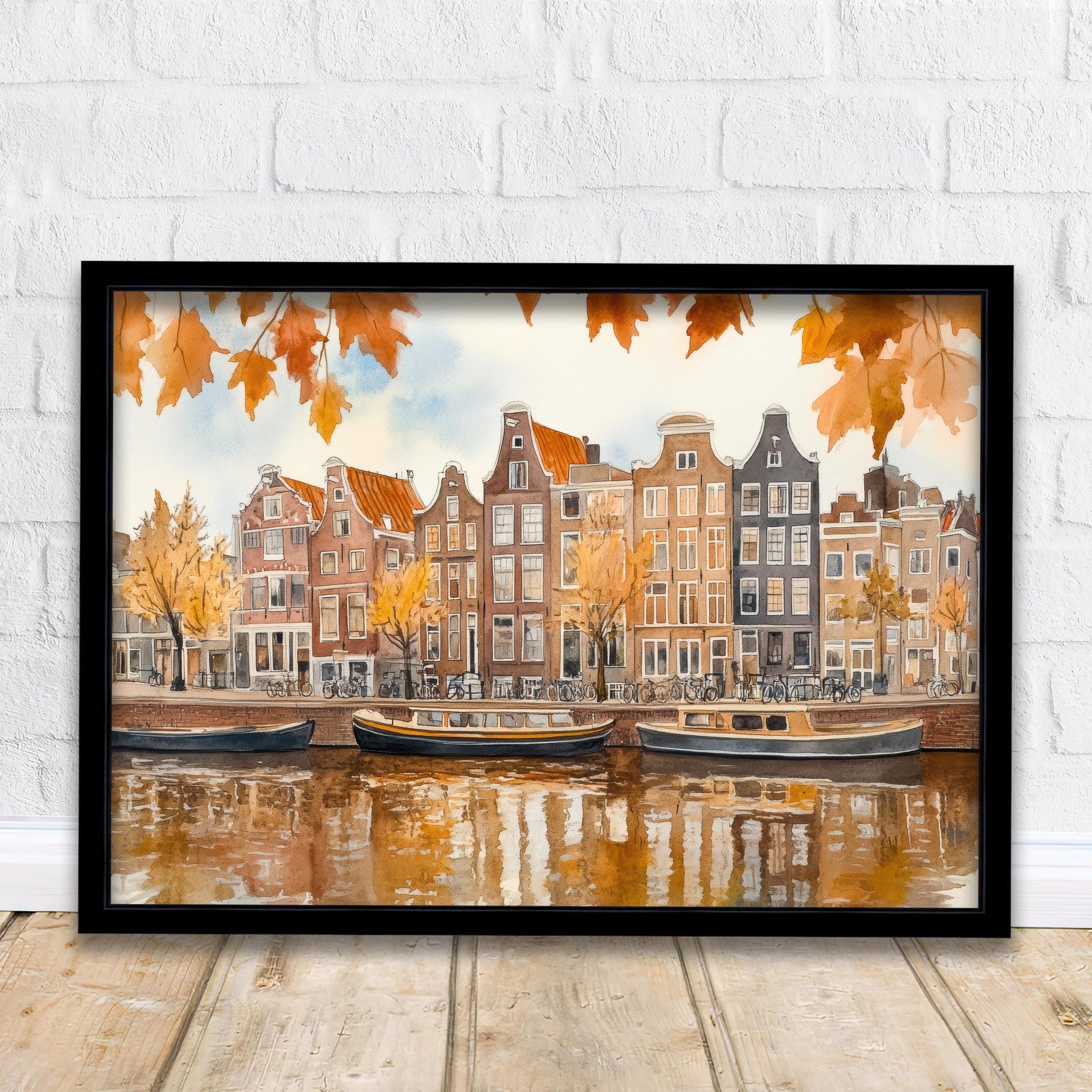 Amsterdam Watercolour Painting Poster Netherlands Wall Art City Canal Houses Landscape Print Gift for Europe Lovers and Fans of Scenic Dutch