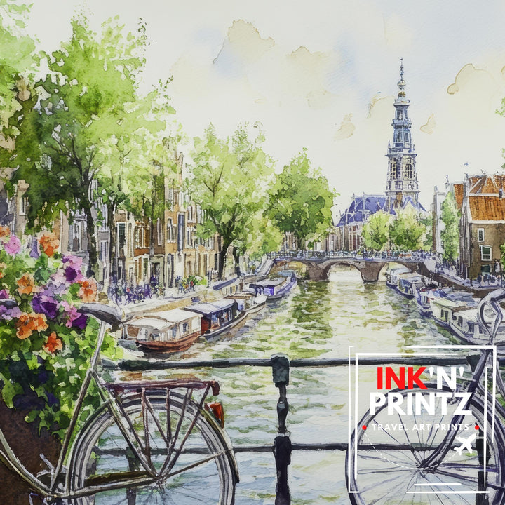 Amsterdam Watercolour Painting Poster Netherlands Wall Art City Canal Houses Landscape Print Gift for Europe Lovers and Fans of Scenic Dutch