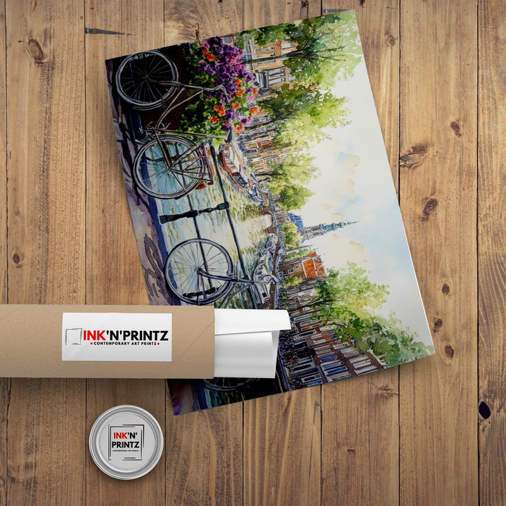 Amsterdam Watercolour Painting Poster Netherlands Wall Art City Canal Houses Landscape Print Gift for Europe Lovers and Fans of Scenic Dutch