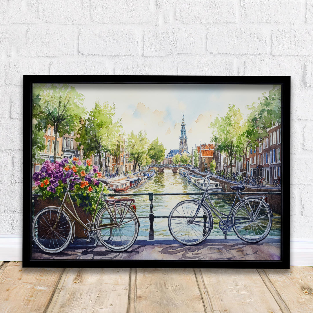 Amsterdam Watercolour Painting Poster Netherlands Wall Art City Canal Houses Landscape Print Gift for Europe Lovers and Fans of Scenic Dutch