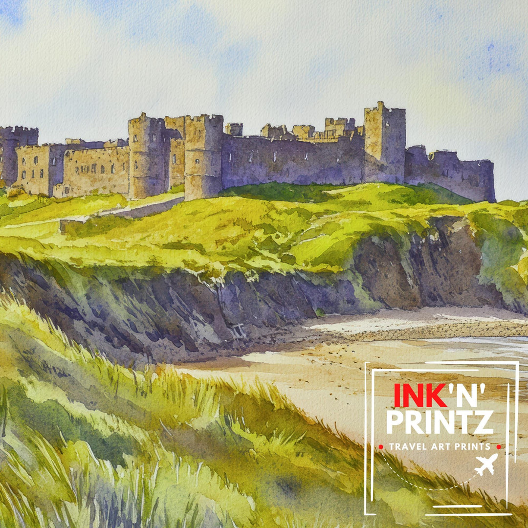 Bamburgh Castle Northumberland Travel Poster Print England Wall Art Coastal Landscape Gift for UK History Lovers and Fans of Scenic British