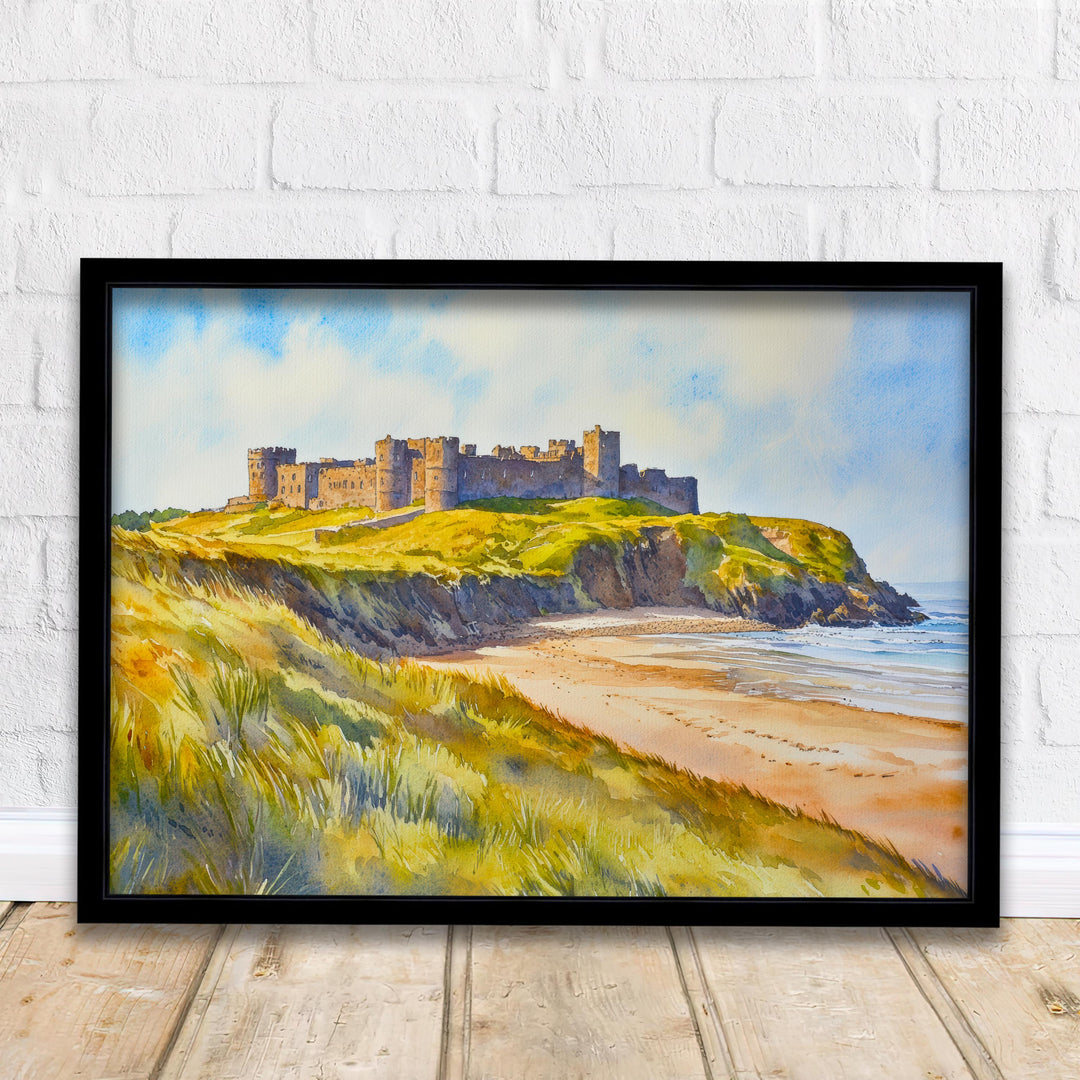 Bamburgh Castle Northumberland Travel Poster Print England Wall Art Coastal Landscape Gift for UK History Lovers and Fans of Scenic British
