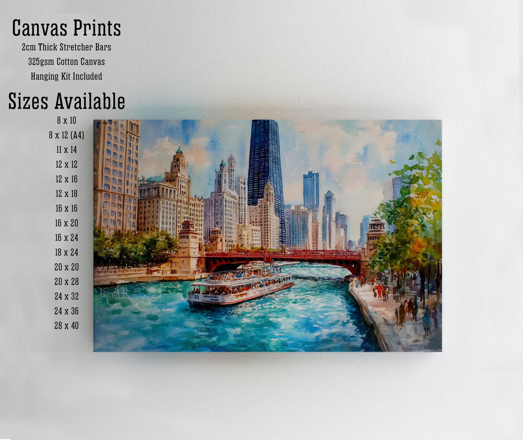 Chicago Watercolor Painting Poster USA Wall Art City Skyline Landscape Print Gift for American Travel Lovers and Fans of Scenic Illinois