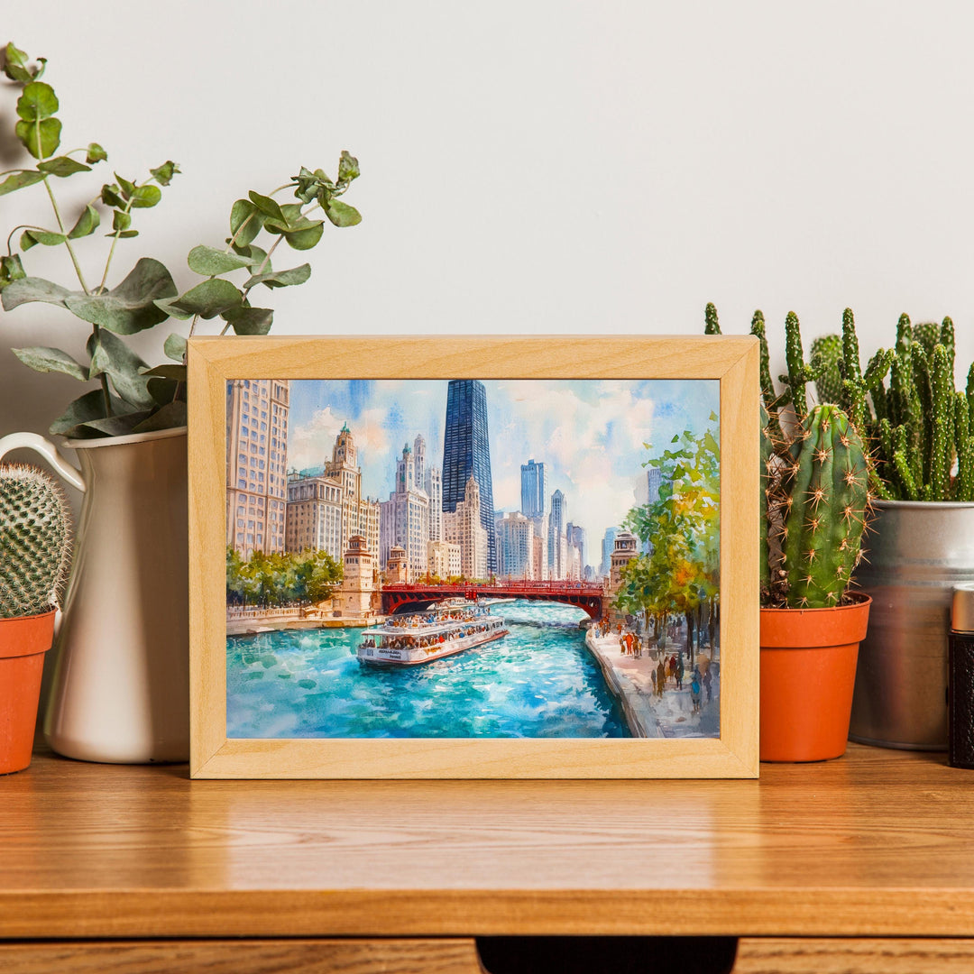Chicago Watercolor Painting Poster USA Wall Art City Skyline Landscape Print Gift for American Travel Lovers and Fans of Scenic Illinois