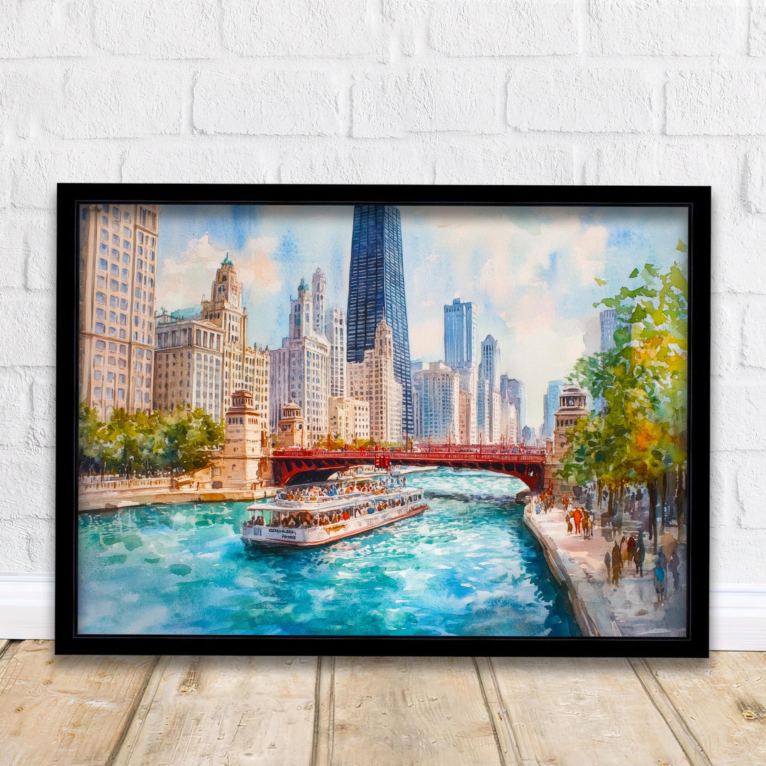 Chicago Watercolor Painting Poster USA Wall Art City Skyline Landscape Print Gift for American Travel Lovers and Fans of Scenic Illinois