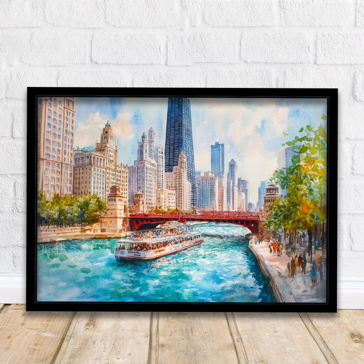 Chicago Watercolor Painting Poster USA Wall Art City Skyline Landscape Print Gift for American Travel Lovers and Fans of Scenic Illinois