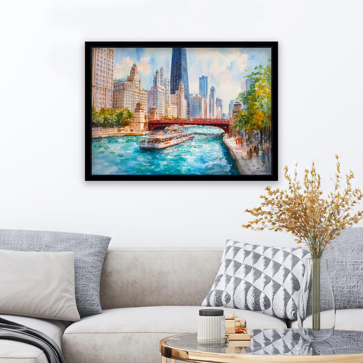 Chicago Watercolor Painting Poster USA Wall Art City Skyline Landscape Print Gift for American Travel Lovers and Fans of Scenic Illinois