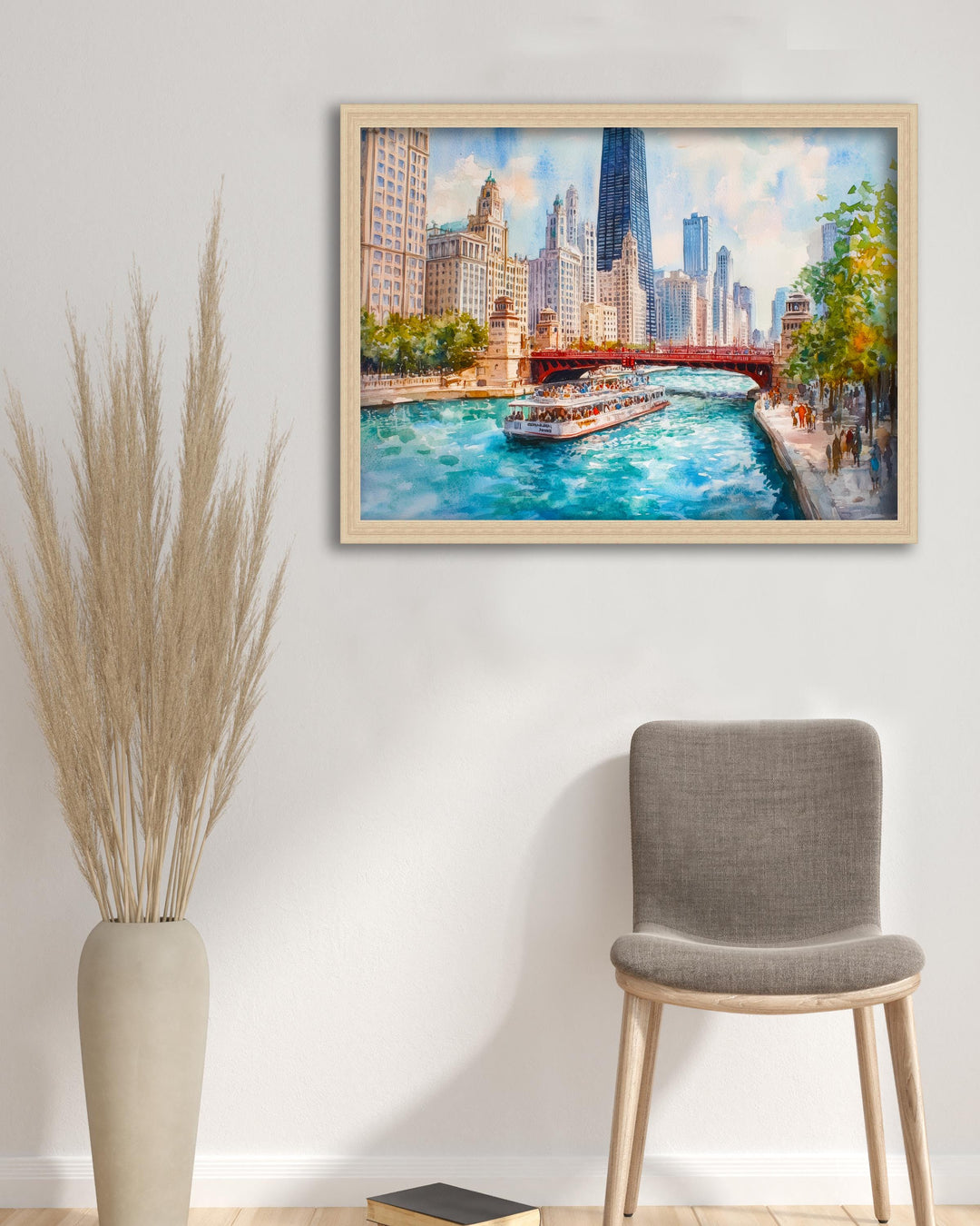 Chicago Watercolor Painting Poster USA Wall Art City Skyline Landscape Print Gift for American Travel Lovers and Fans of Scenic Illinois